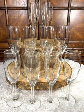 Vintage Set of 10 Crystal Glass Faceted Tapered Stem Champagne Flutes